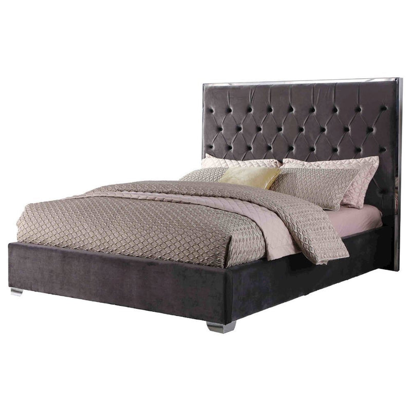 Best Master Kressa Velour Fabric Tufted Cali King Platform Bed in Dark Gray