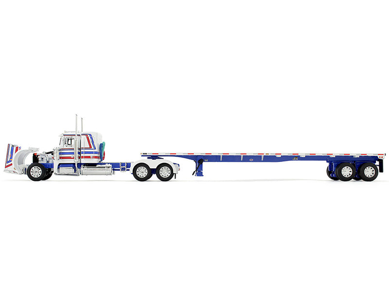 Peterbilt 359 with 36" Flat Top Sleeper and 48' Utility Flatbed Trailer White with Blue and Red Stripes "Bicentennial Patriot" 1/64 Diecast Model by DCP/First Gear