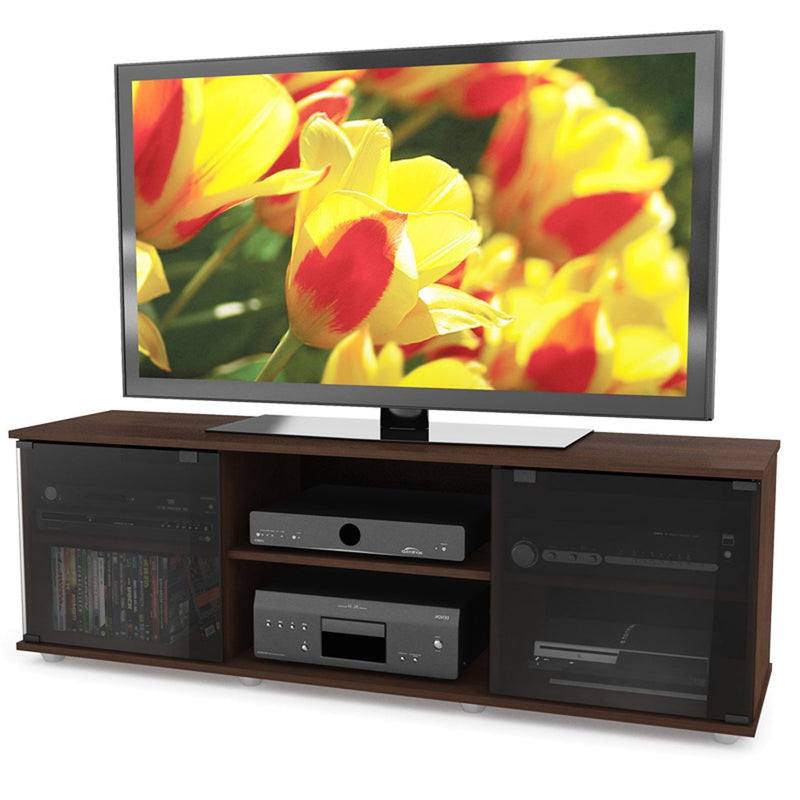 Contemporary Brown TV Stand with Glass Doors - Fits TVs up to 64-inch