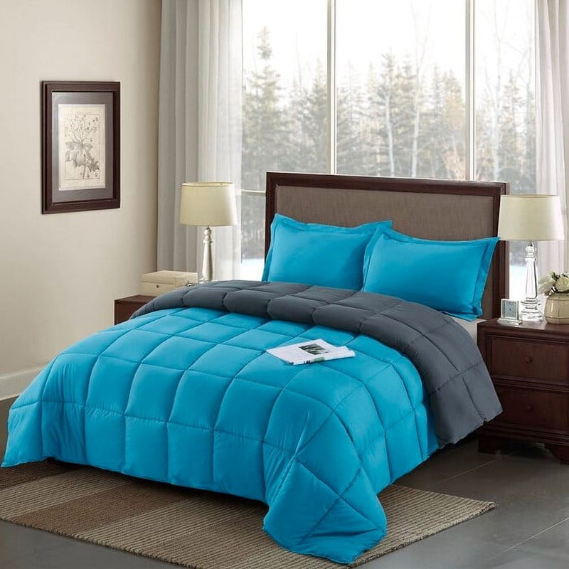 King/Cal King Traditional Microfiber Reversible 3 Piece Comforter Set in Blue/Grey