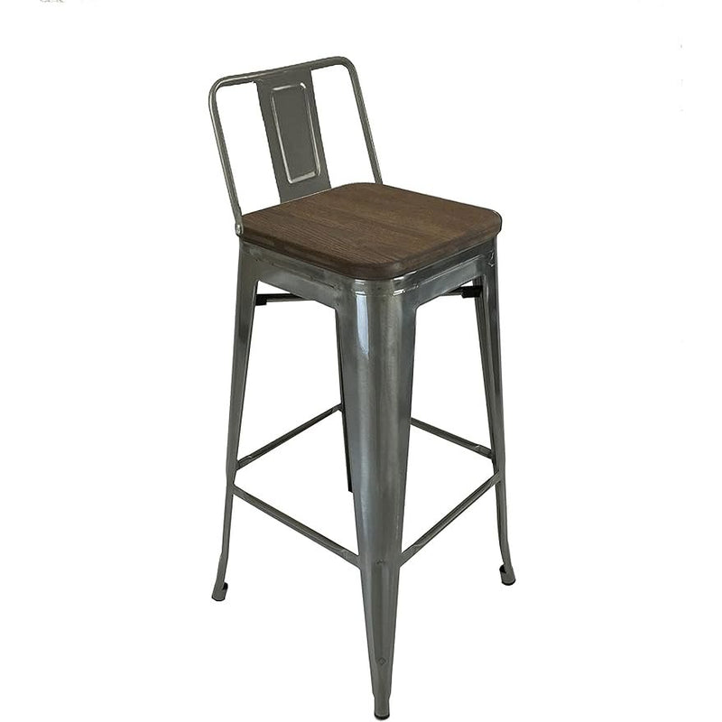 Metal Barstool W/ Backrest+Wood Seat, Natural, Set Of 4