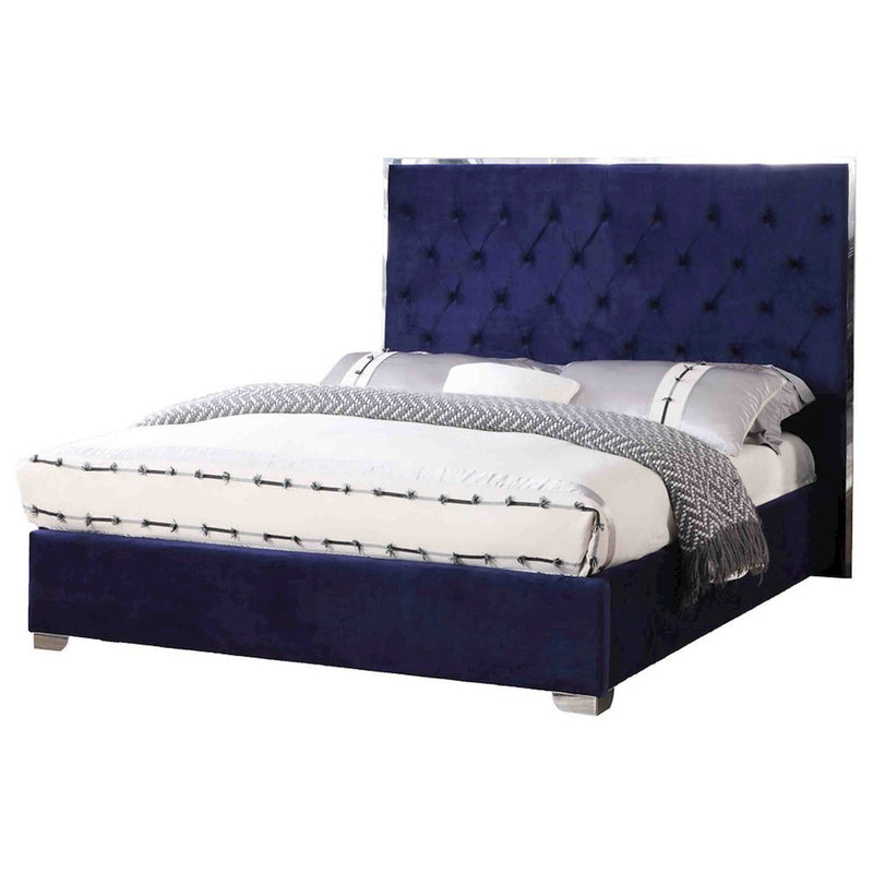 Best Master Kressa Velour Fabric Tufted Cali King Platform Bed in Blue