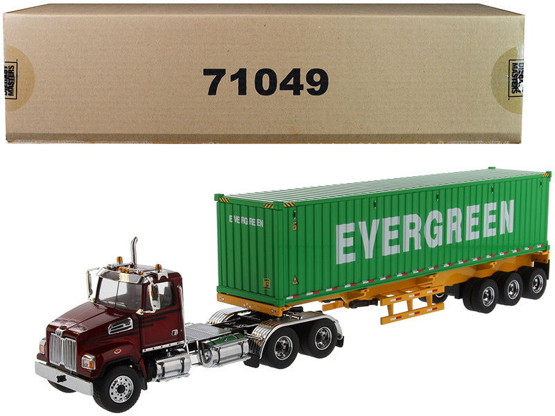 Western Star 4700 SB Tandem Truck Tractor Metallic Red with Skeleton Trailer and 40' Dry Goods Sea Container EverGreen Transport Series 1/50 Diecast Model by Diecast Masters