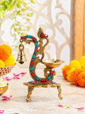 Two Moustaches 100% Pure Brass Diya with Bell , Gemstone Work Ethnic Carved Peacock Design , Brass Antique Oil Lamp, Diyas for Home , Luxury Pooja Decor , Size - 8 Inches , Standard , Pack of 1