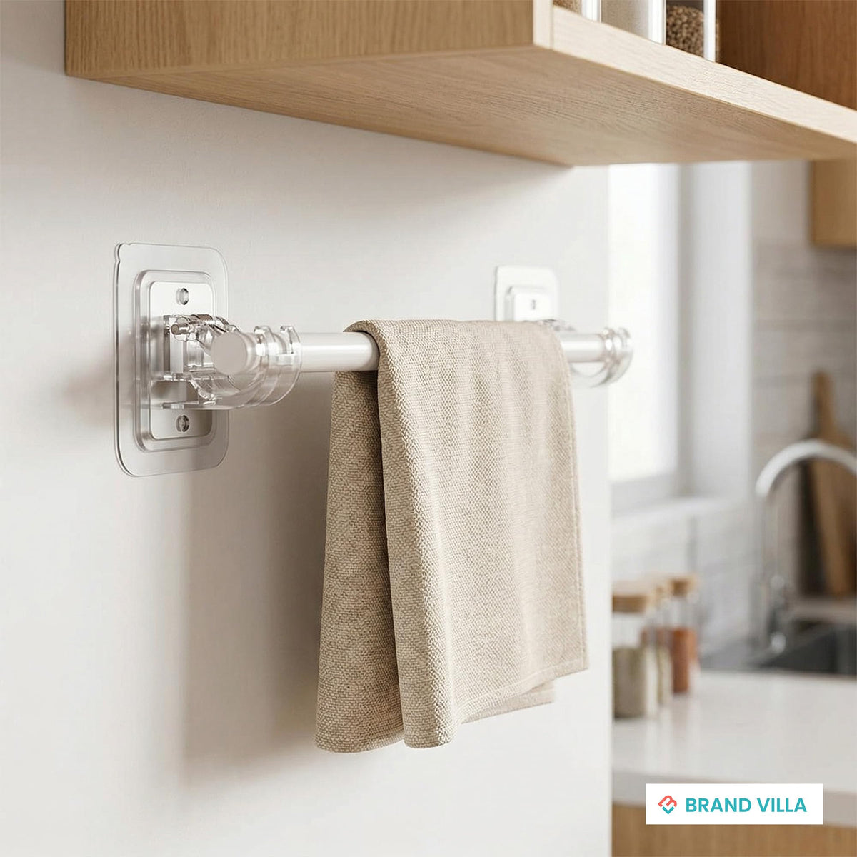 BRAND VILLA Self-Adhesive No Drill Curtain Rod Brackets Curtain Rod Holder Hooks Nail Free Adjustable Curtain Rod Wall Hooks Hangers for Bathroom Kitchen and Hotel (Pack of 4)