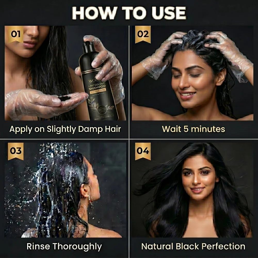 Wooly Hair Colour Shampoo, Ammonia-Free, Natural Black, 180ml, Grey Coverage, for Indian Hair, with Noni Fruit Extracts, Olive Oil and Aloe Vera