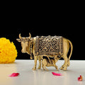 INDICAST Handcrafted Brass Cow with Calf for Good Luck | 2 Kamdhenu Gau MATA Idol Spiritual Vastu Nandi Pooja Figurine Sculpture for Home and Office (Weight- 70gm)