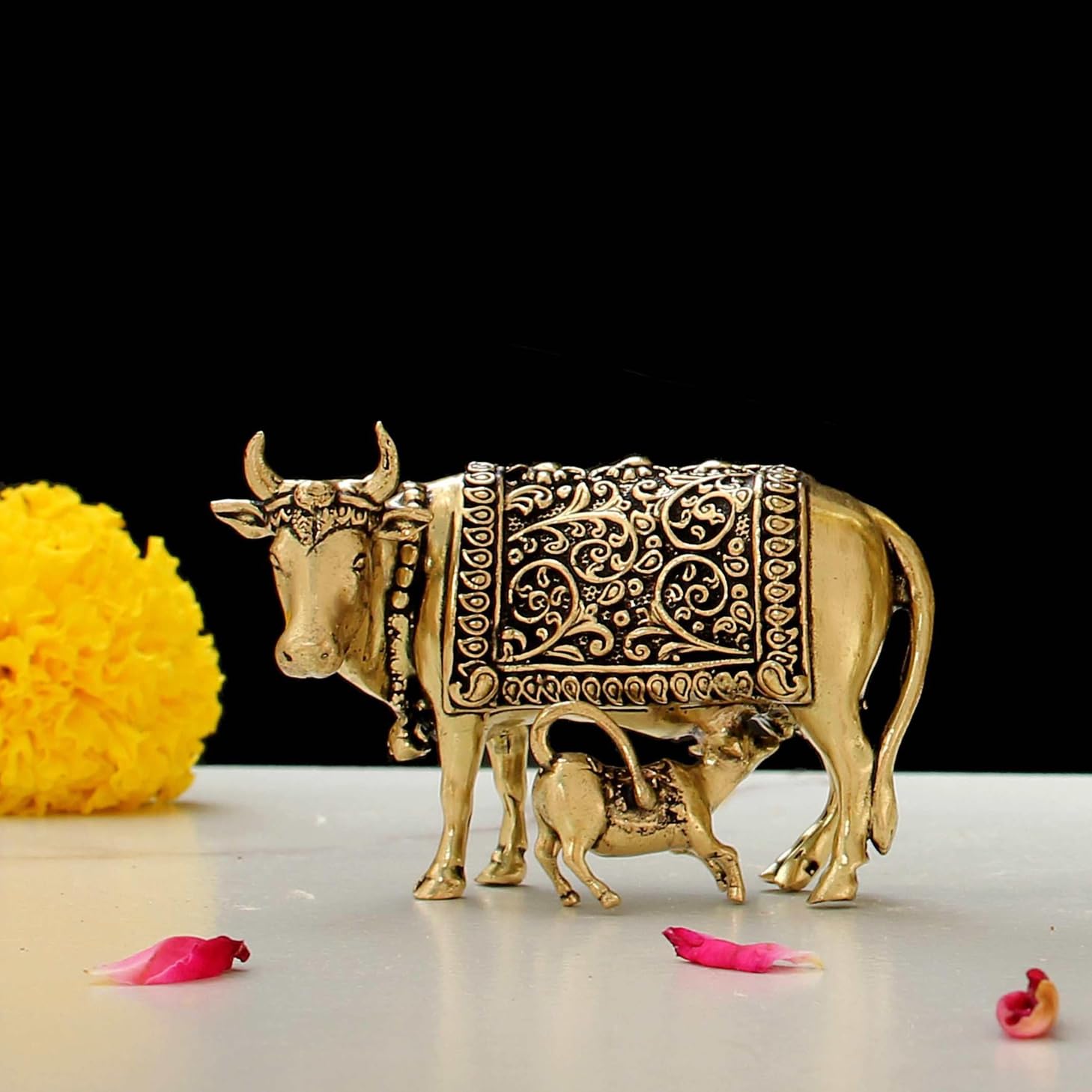 INDICAST Handcrafted Brass Cow with Calf for Good Luck | 2 Kamdhenu Gau MATA Idol Spiritual Vastu Nandi Pooja Figurine Sculpture for Home and Office (Weight- 70gm)