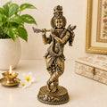 Araliyaindia | Brass Flute Krishna Idol 6.5 inch (17 cm) (240 gm)| Antique Gold Finish | Handcrafted Decorative Figurine, Hindu Deity, Home Decor, Housewarming, Divine Gifting (Big)