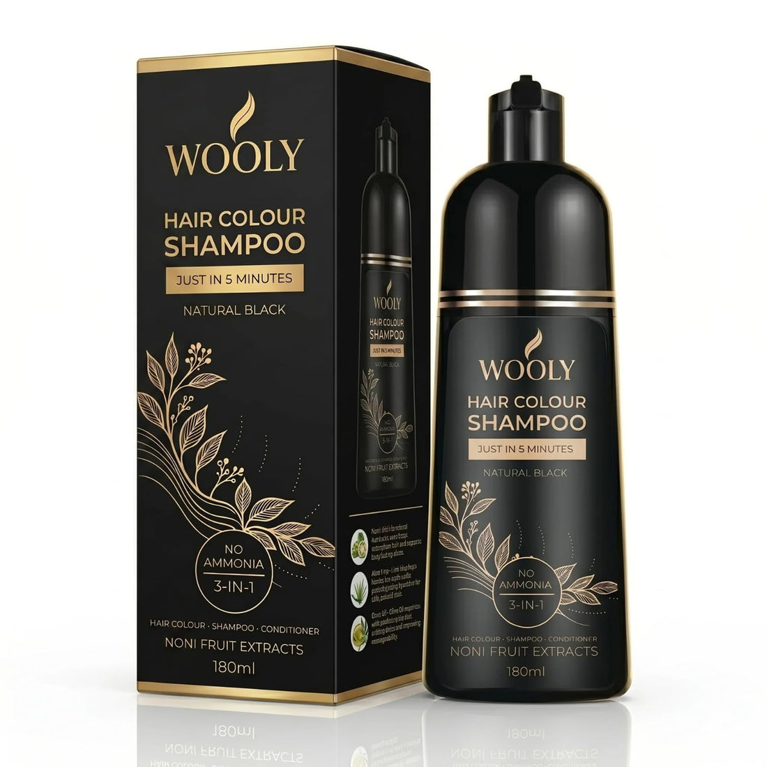 Wooly Hair Colour Shampoo, Ammonia-Free, Natural Black, 180ml, Grey Coverage, for Indian Hair, with Noni Fruit Extracts, Olive Oil and Aloe Vera