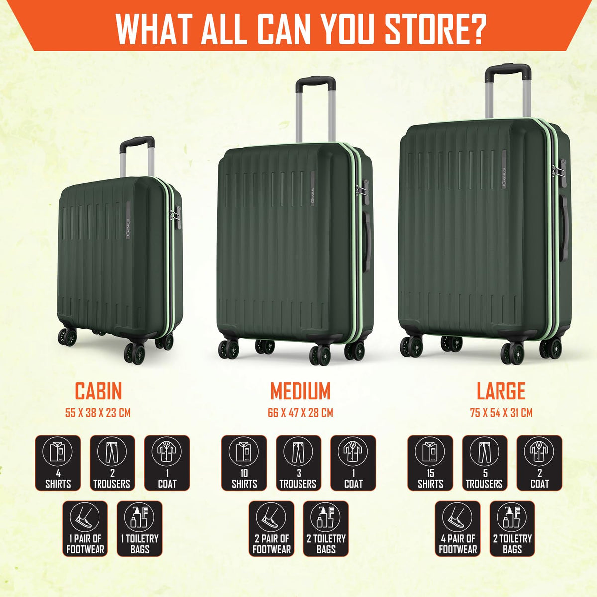 Safari Genius Alley Set of 3 (Cabin + Medium + Large) Trolley Bags Hard Case Polypropylene, 4 Wheels, 360 Degree Wheeling Luggage, Suitcase for Travel, Trolley Bags for Travel, Deep Forrest