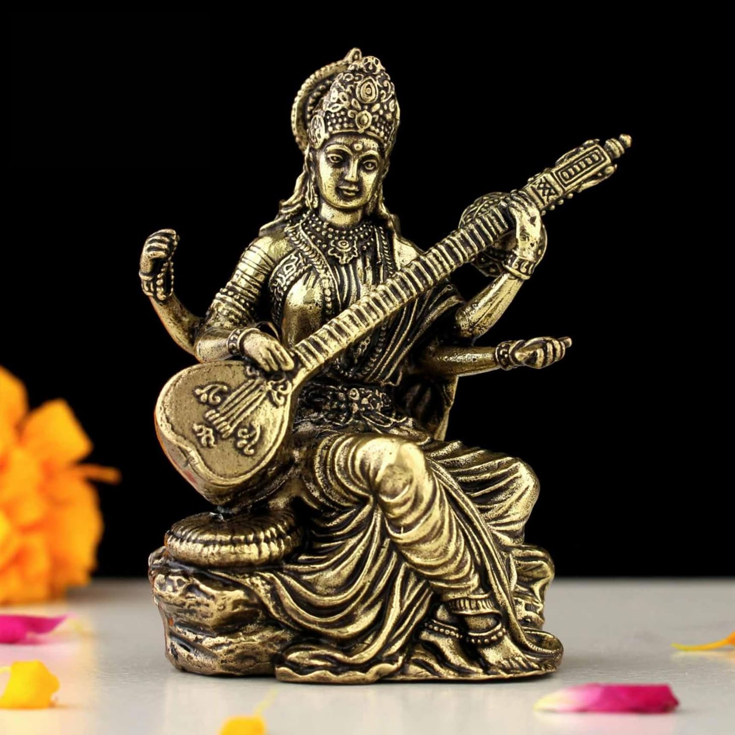 INDICAST Handcrafted Brass Goddess Saraswati Statue for Home Temple | 3 Maa Saraswati Figurine Idol Murti Symbol of Learning & Creativity (Weight- 80gm)