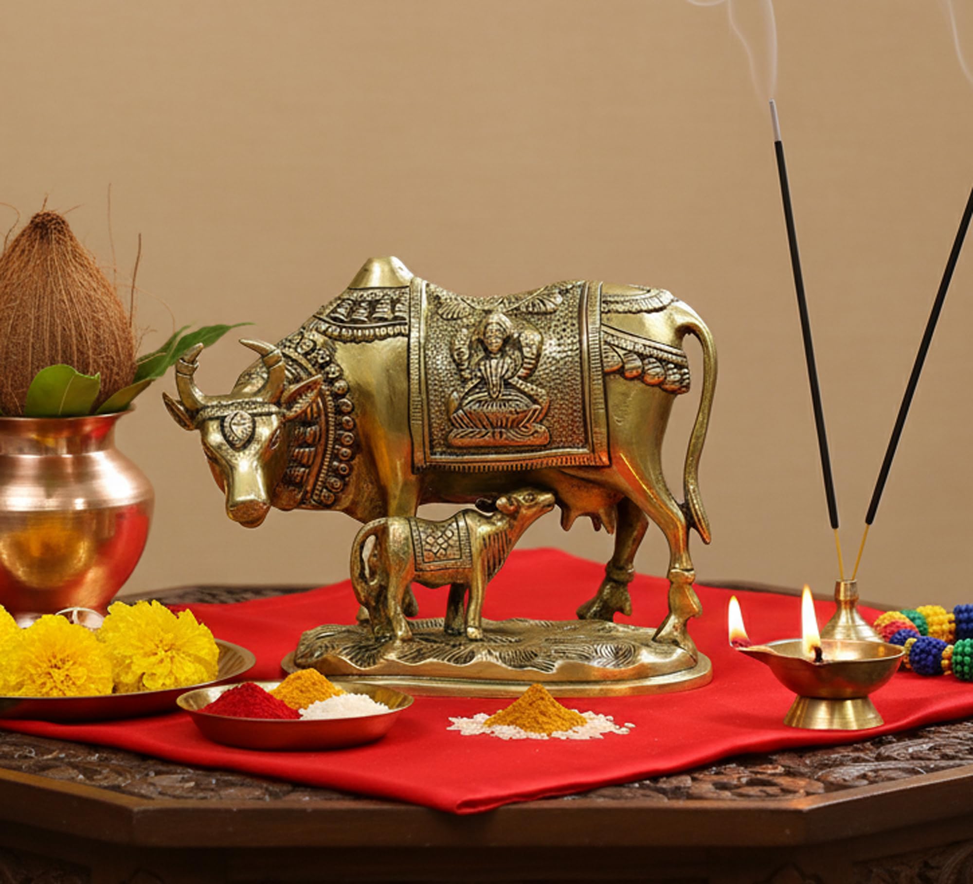 ESPLANADE Brass Holy Kamdhenu Kamadhenu Cow and Calf Sculpture - Lucky Figurine Idol Statue Sculpture - 6 Inches