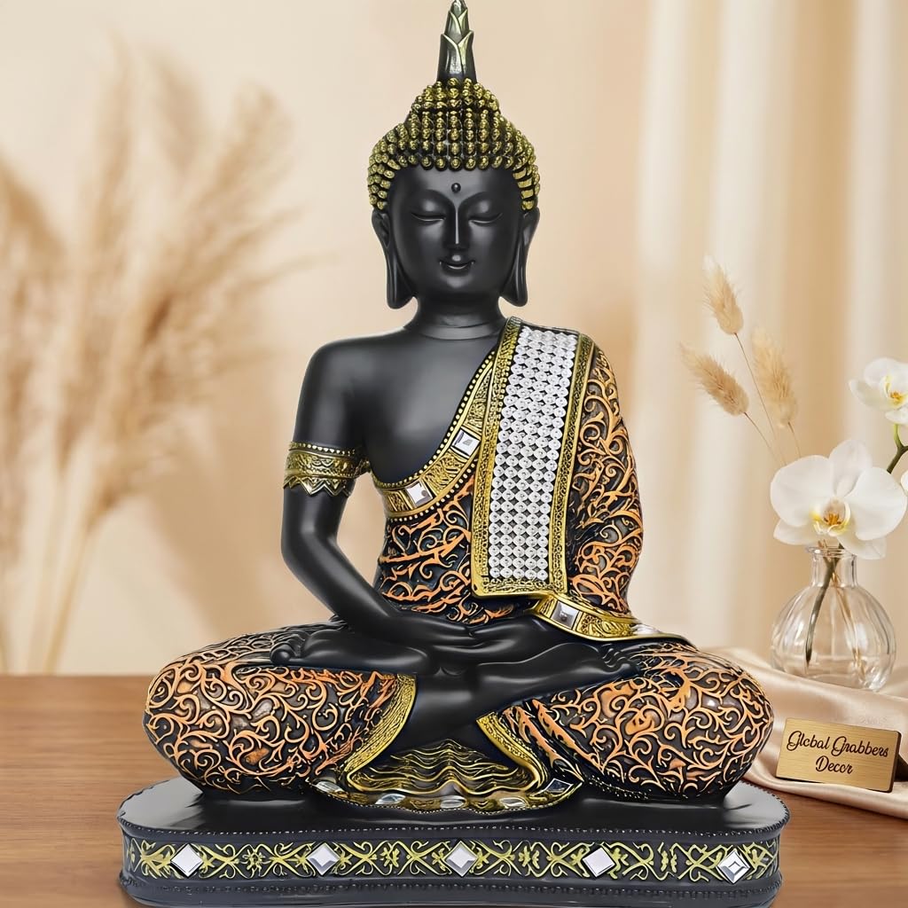 Global Grabbers new Limited Edition 25 Centimetre Meditating Sitting Buddha Idol Statue showpiece Home Decor Decoration Items for Living Room and Gifts (1, Orange Black)
