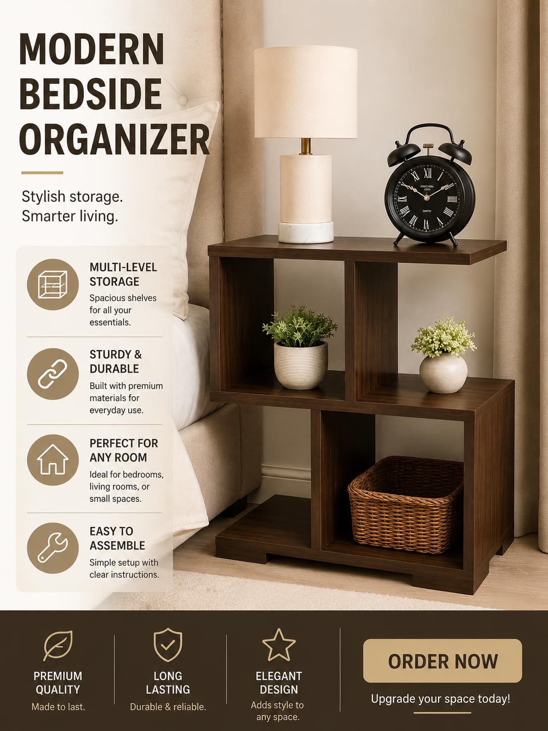 Wooden Bedside Table for Bedroom | Modern Side Table for Living Room | Small Nightstand/End Table with Open Shelf | Compact Table for Home (Brown,)