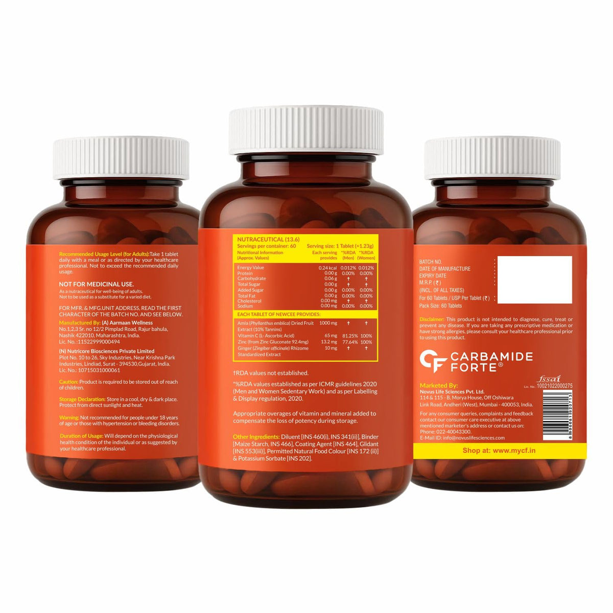 Carbamide Forte Natural Vitamin C Tablets | 1000mg Amla Extract With Zinc | Vitamin C Supplement for Immunity, Antioxidant, Collagen Formation & Skin Health | Pharma Grade | 60 Tablets