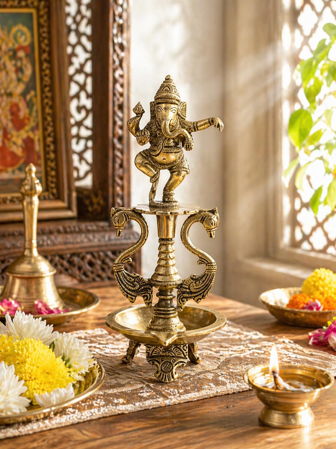 Two Moustaches Brass Ganesha Diya Oil Lamp with Dancing Ganpati Idol – Traditional Handmade Pooja Deepak for Home Temple, Housewarming & Festive Decoration , Spiritual Gift , Standard , Pack of 1