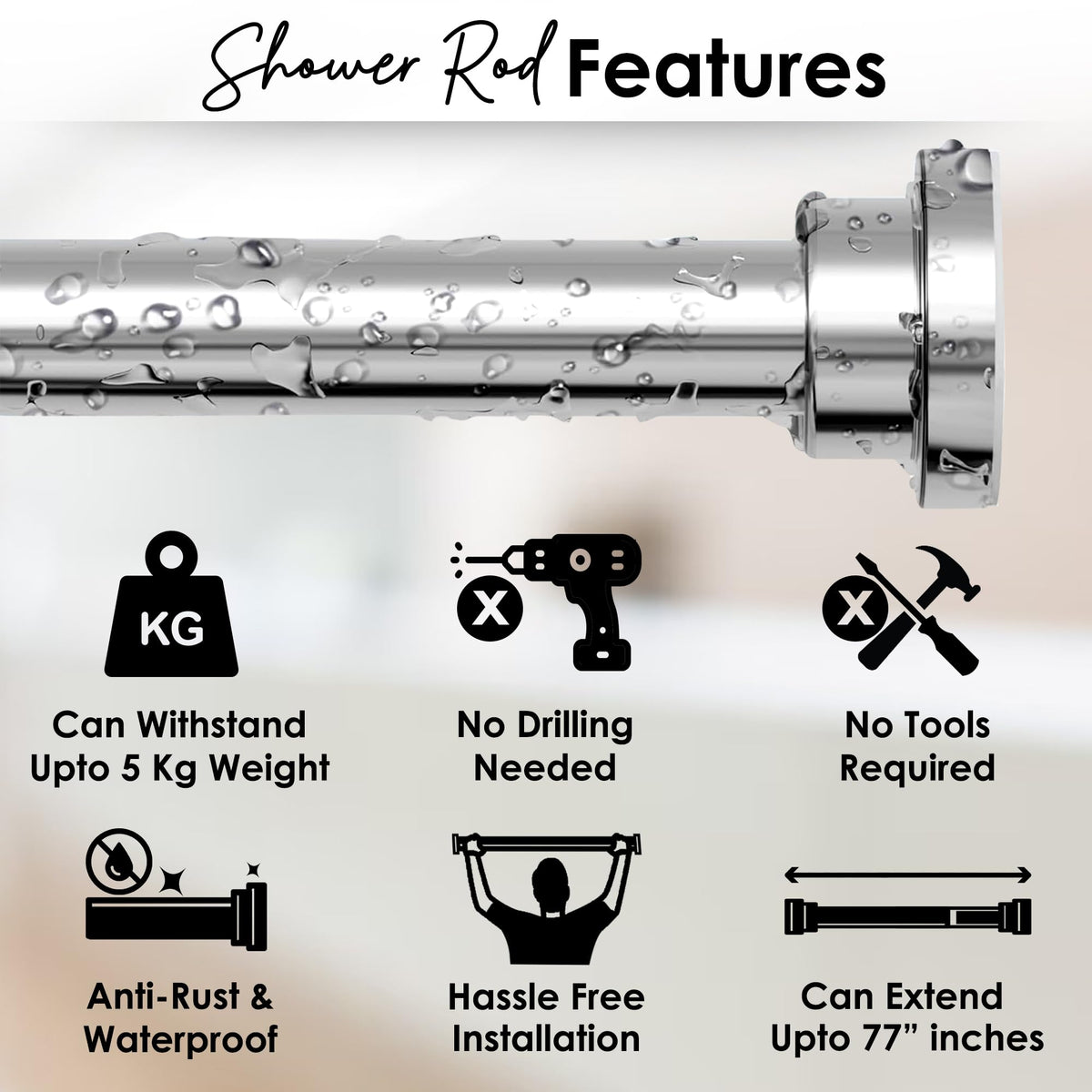 Story@Home Curtain Rod 105-195 CM Extendable Shower Curtain Tension Rod
