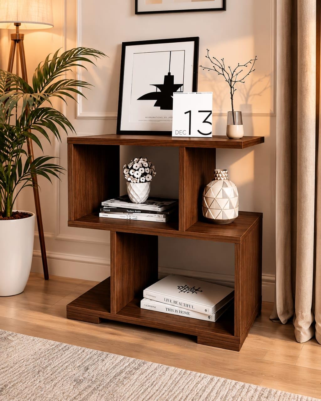 Wooden Bedside Table for Bedroom | Modern Side Table for Living Room | Small Nightstand/End Table with Open Shelf | Compact Table for Home (Brown,)