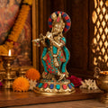 Kartique Brass Krishna Bhagwan Idol Murli Kanha Murti Stone Work 8.5 Inch