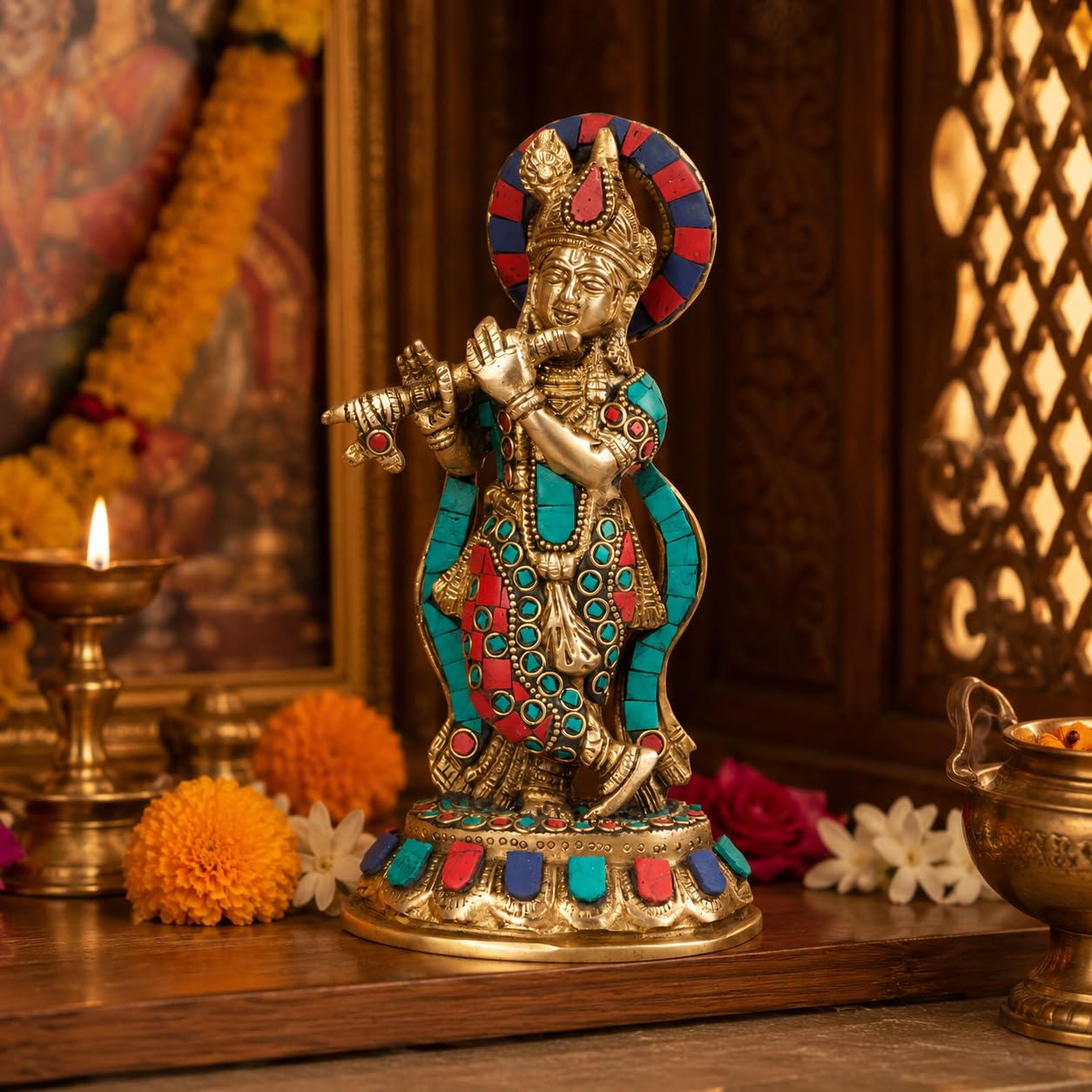 Kartique Brass Krishna Bhagwan Idol Murli Kanha Murti Stone Work 8.5 Inch