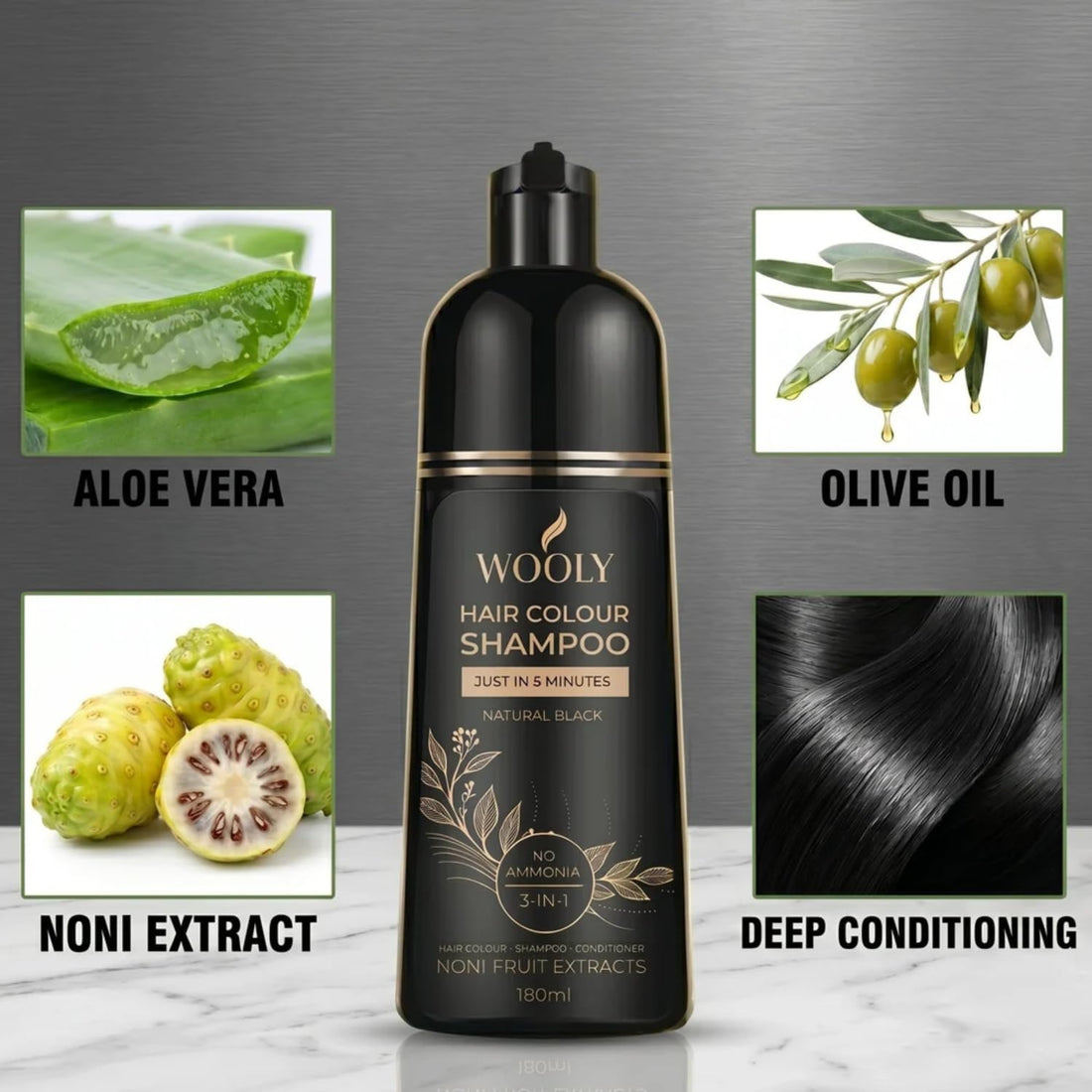 Wooly Hair Colour Shampoo, Ammonia-Free, Natural Black, 180ml, Grey Coverage, for Indian Hair, with Noni Fruit Extracts, Olive Oil and Aloe Vera