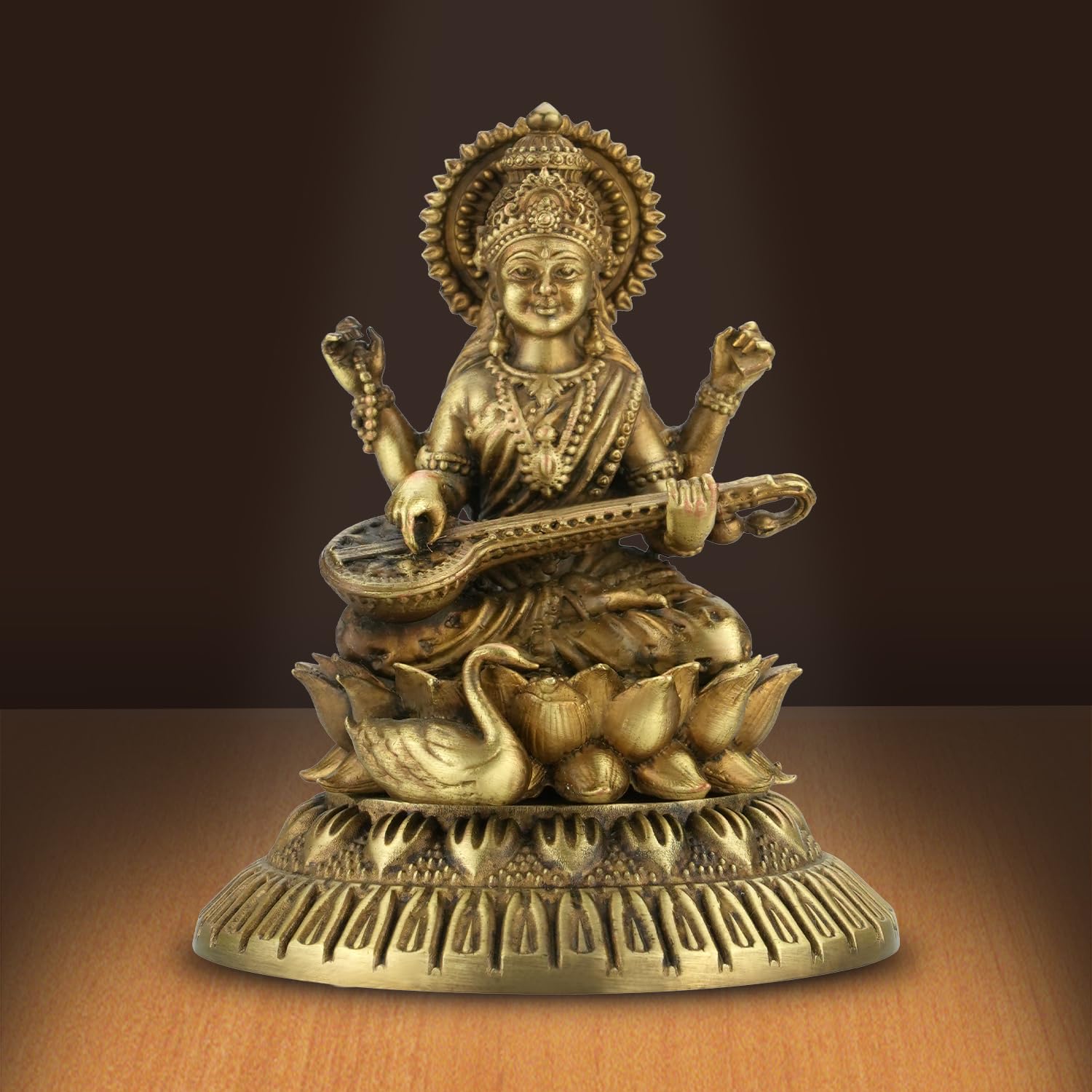 Shilpkala 2.3 Inch Brass Ultra Fine Saraswati Brass Idol with Veena Statue (Murti) for Study Table, Home & Office Decor, Worship & Gift