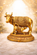 NYSHIRA Kamdhenu Cow with Calf Idol in Brass for Home Temple | Gau MATA Murti for Pooja, Vastu & Prosperity | Small Decorative Cow Statue for Office, Gift & Spiritual Decor (2 Inch(60 Gram))