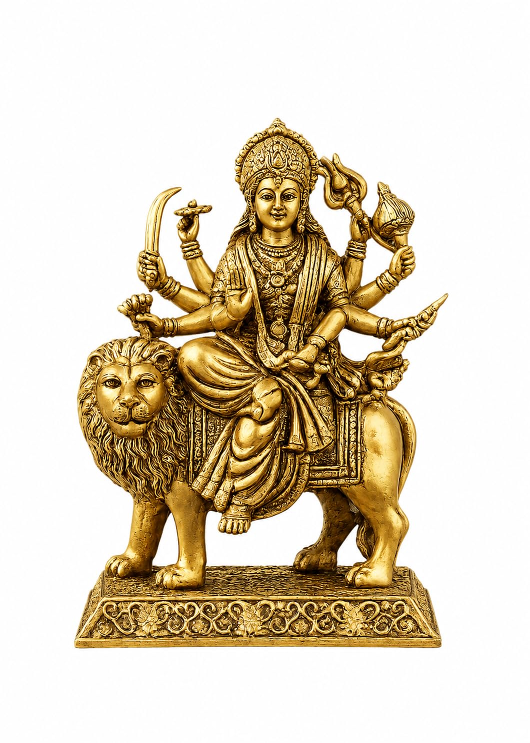 Brass Durga maa with Lion Idol Hindu Goddess sherawali MATA murti MATA Rani Statue Figurine for Home Temple Decor puja Worship 4 inch Premium Heavy Spiritual Blessing Standard Decorative Sculpture.