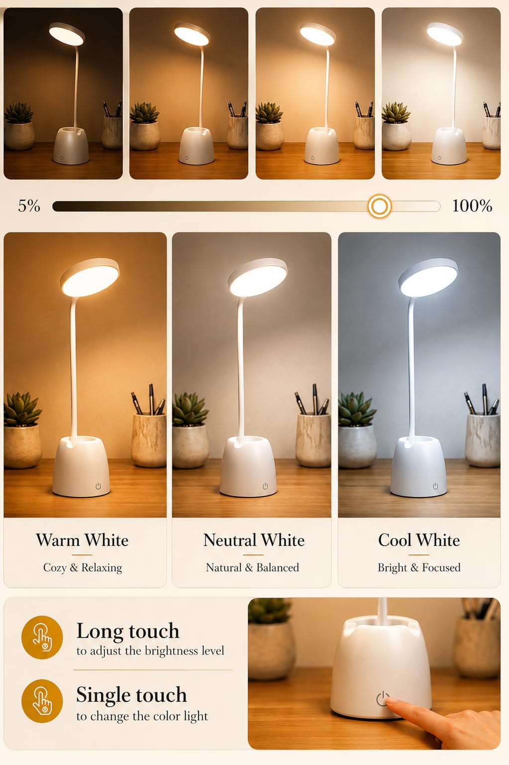 BKK Rechargeable LED Study Table Lamp with Touch Sensor 6 Month Warranty 3 Color Modes & Stepless Dimming, Portable USB Desk Light for Study, Reading & Bedside