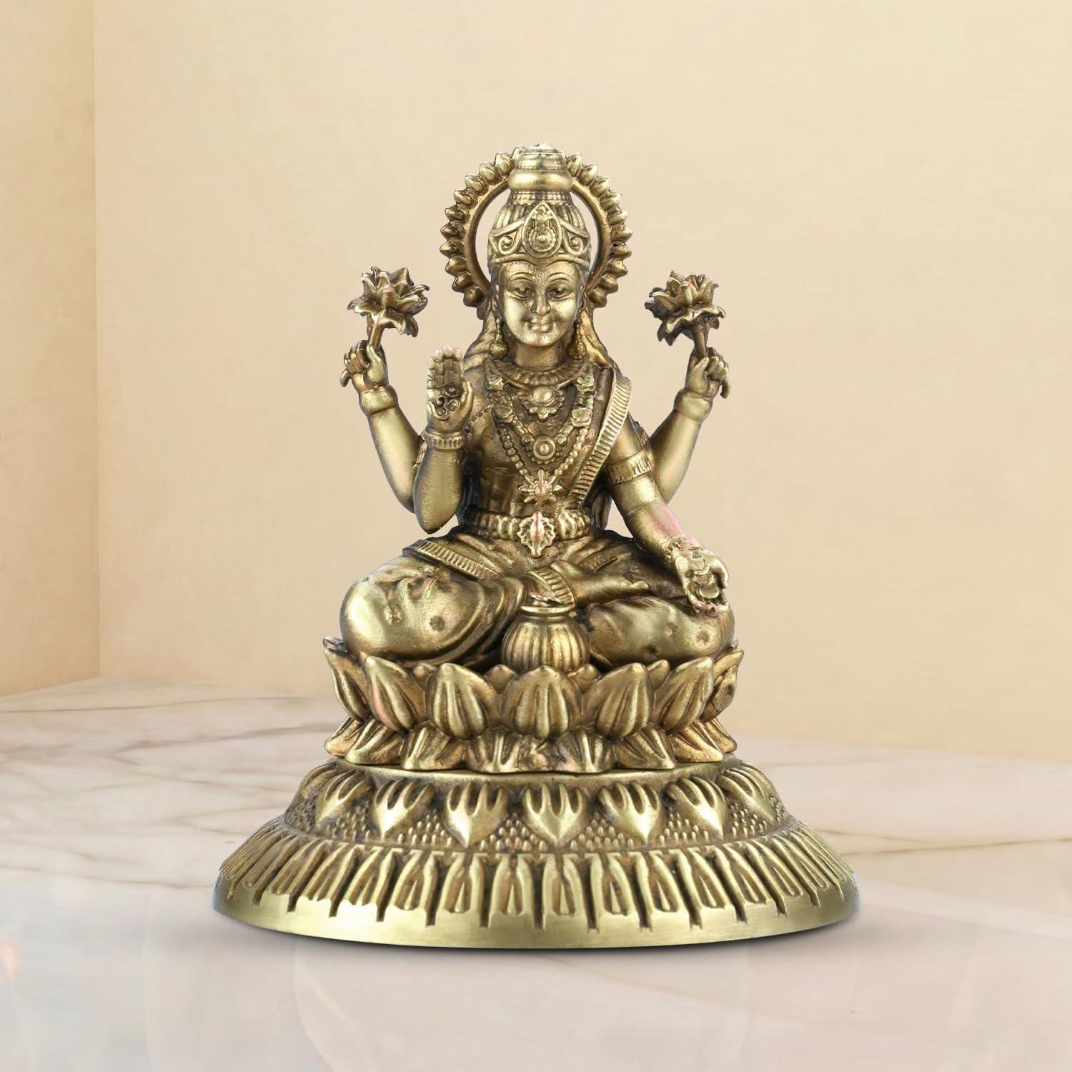 Shilpkala Brass Kamal Laxmi Idol 2.7 Inch - Ultra Fine Detailing & Antique Finish, Idols for Pooja Room, Livingroom, Office Table, Idol Gift for Housewarming & Wedding, (Coffee Antique)