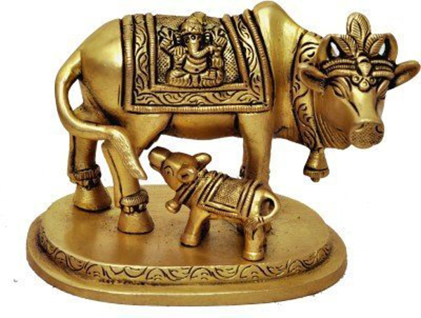 ESPLANADE Brass Holy Kamdhenu Cow and Calf Sculpture | Holy Cow Brass Idol Beautiful Lucky (Carved Cow)