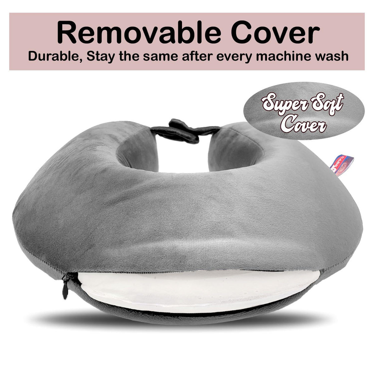 Sassoon Memory Foam Travel Neck Pillow (Grey, Pack of 1) – Ergonomic Support, Soft Breathable Washable Cover, Lightweight with Carry Loop for Travel & Home