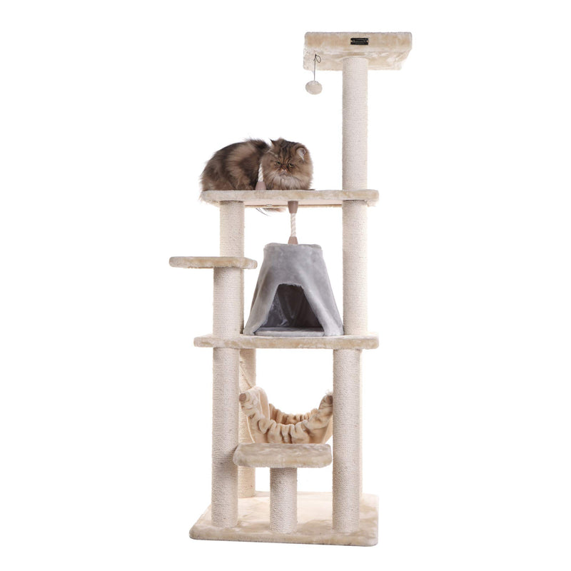 Armarkat 65" Real Wood Cat Tree With Sisal Rope, Hammock, soft-side playhouse A6501