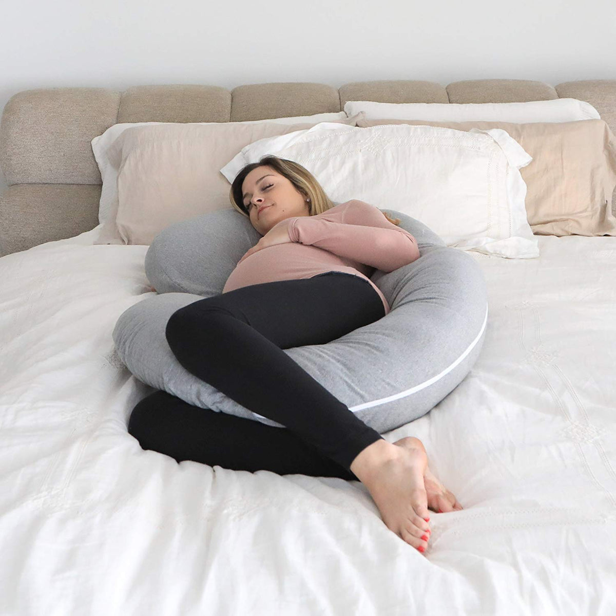 Kuber Industries Cotton Ultra Soft Hollow Fibre C Shaped Maternity Pillow, Pregnancy Pillow, Body Pillow with Zippered Cover (Grey) - CTKTC045960, Standard