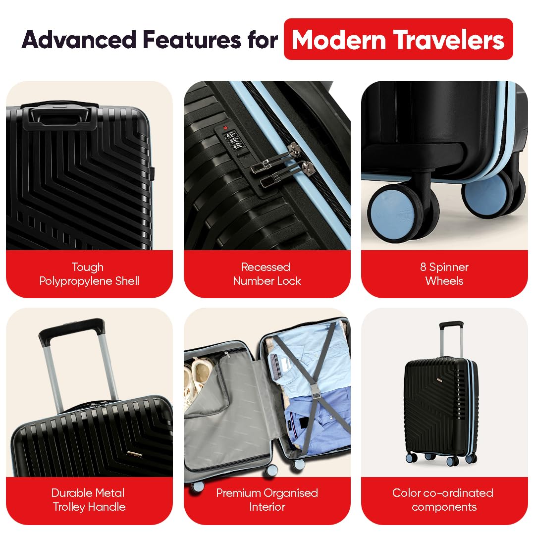 Core Medium Check-in Suitcase 65cm 24 inch Polypropylene Hard Trolley Bag, 8 Spinner Wheels, Recessed Number Lock, Lightweight Luggage for Men & Women Midnight Black/Arctic Blue