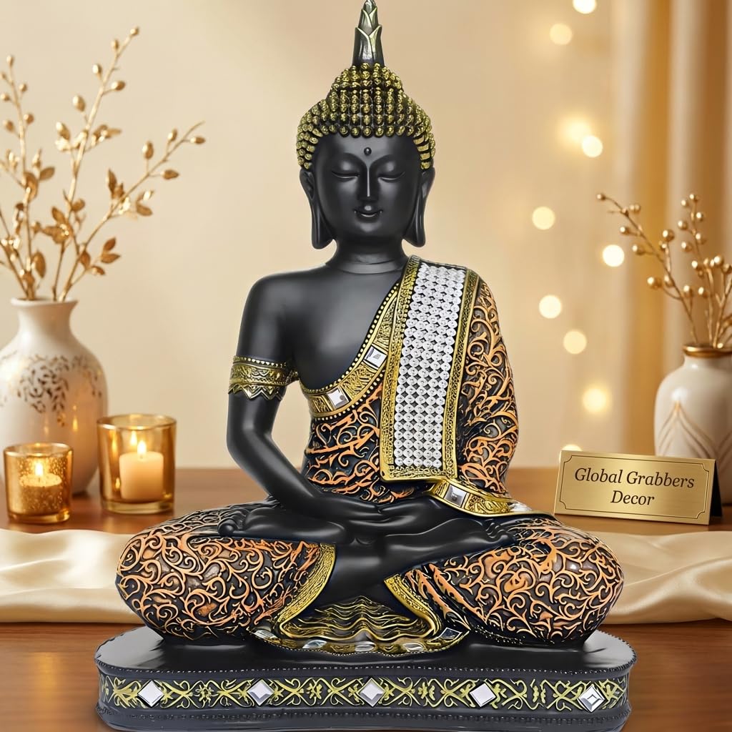 Global Grabbers new Limited Edition 25 Centimetre Meditating Sitting Buddha Idol Statue showpiece Home Decor Decoration Items for Living Room and Gifts (1, Orange Black)