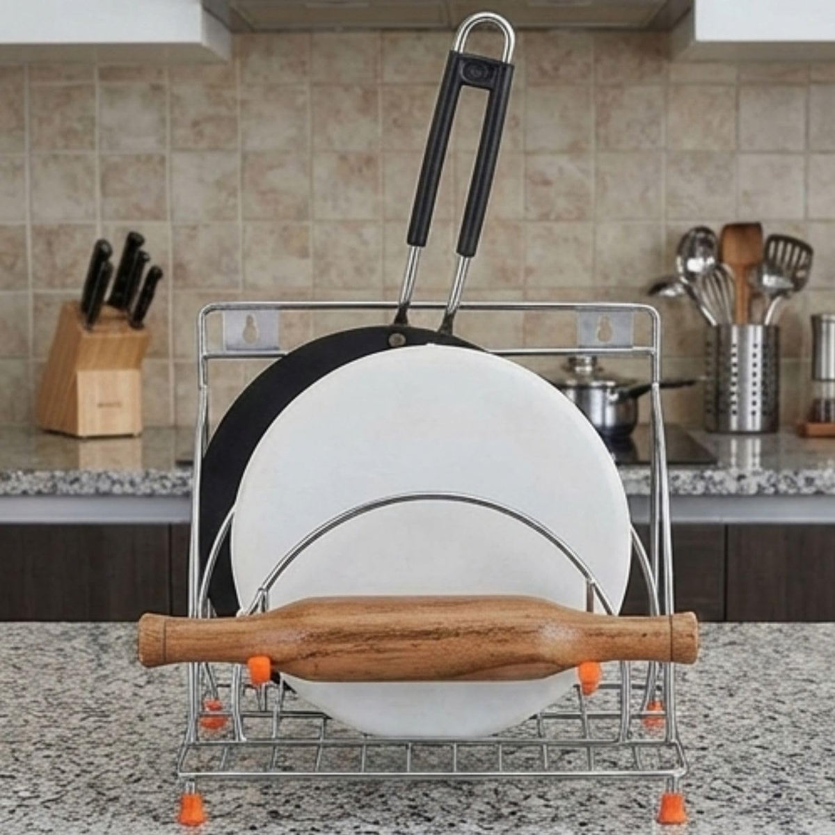 Stainless Steel 4-in-1 Chakla Belan Tawa Chimta Stand | Wall Mounted Kitchen Organizer Rack for Rolling Pin Board Tong & Tawa | Space Saving Corner Shelf