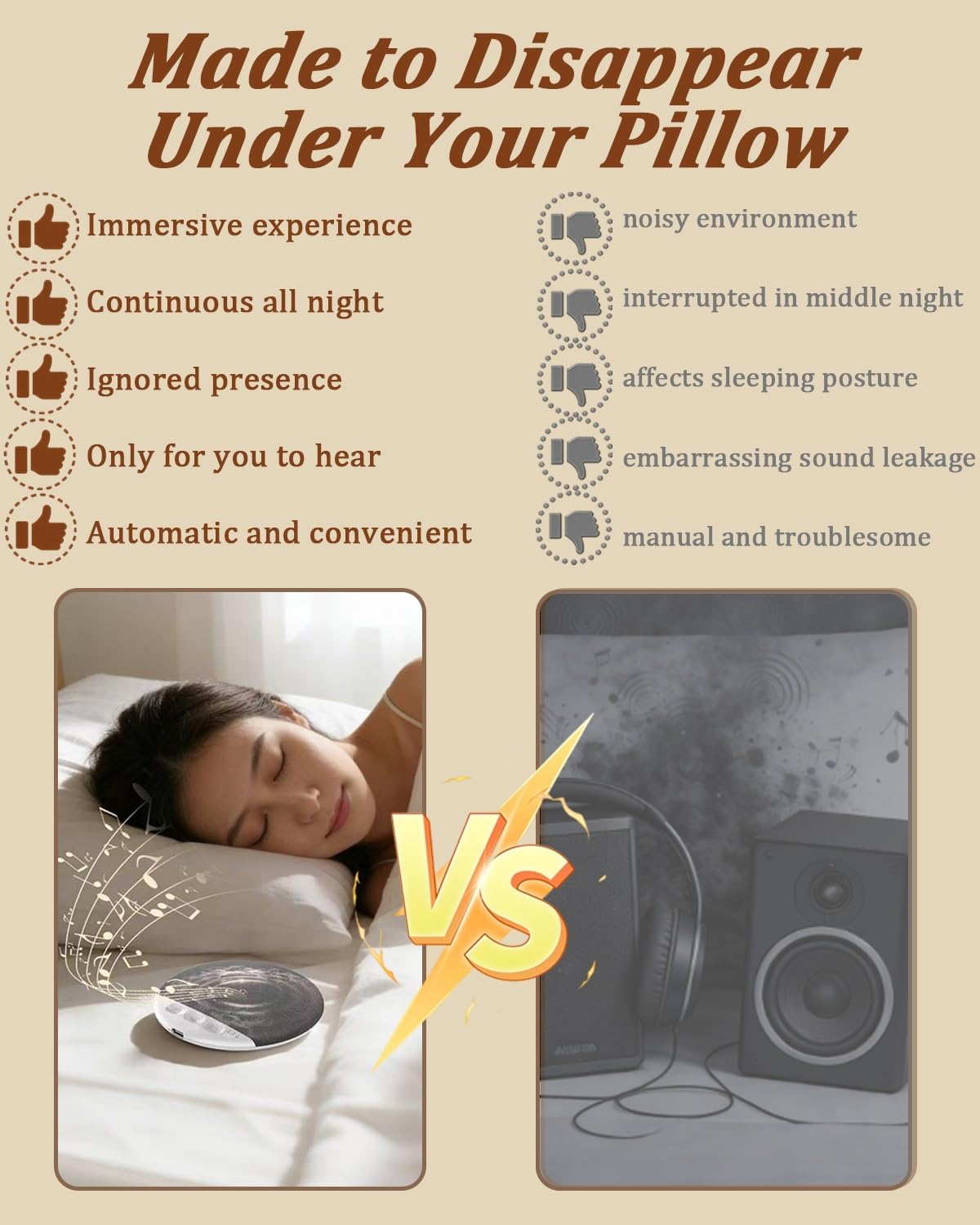 2026 New Flat Under Pillow Speakers for Sleeping, Bone Conduction Pillows Speaker Bluetooth, Private Ultra-Thin Aid with White Noise Timer, Mini Portable Slim Wireless Bedside Speak