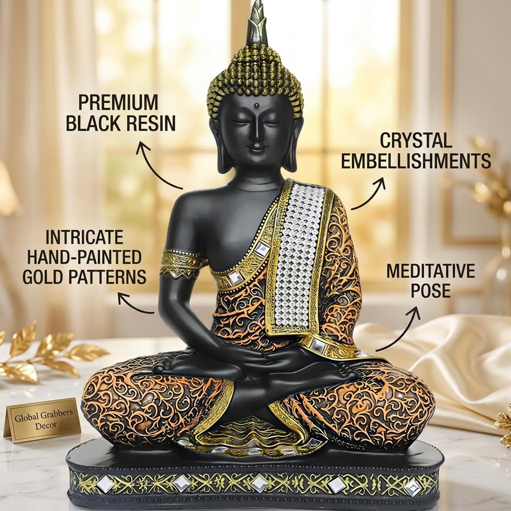 Global Grabbers new Limited Edition 25 Centimetre Meditating Sitting Buddha Idol Statue showpiece Home Decor Decoration Items for Living Room and Gifts (1, Orange Black)