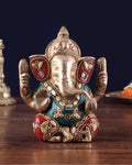 Brassaura™ Brass Gem Stone Work Ganesha Idol for Home and Decor| Brass Ganesha Statue for Good Luck Diwali, Housewarming, Wedding, Navratri Gift | Weight 0.8 Kg Height 5 inch | Multi-Coloured