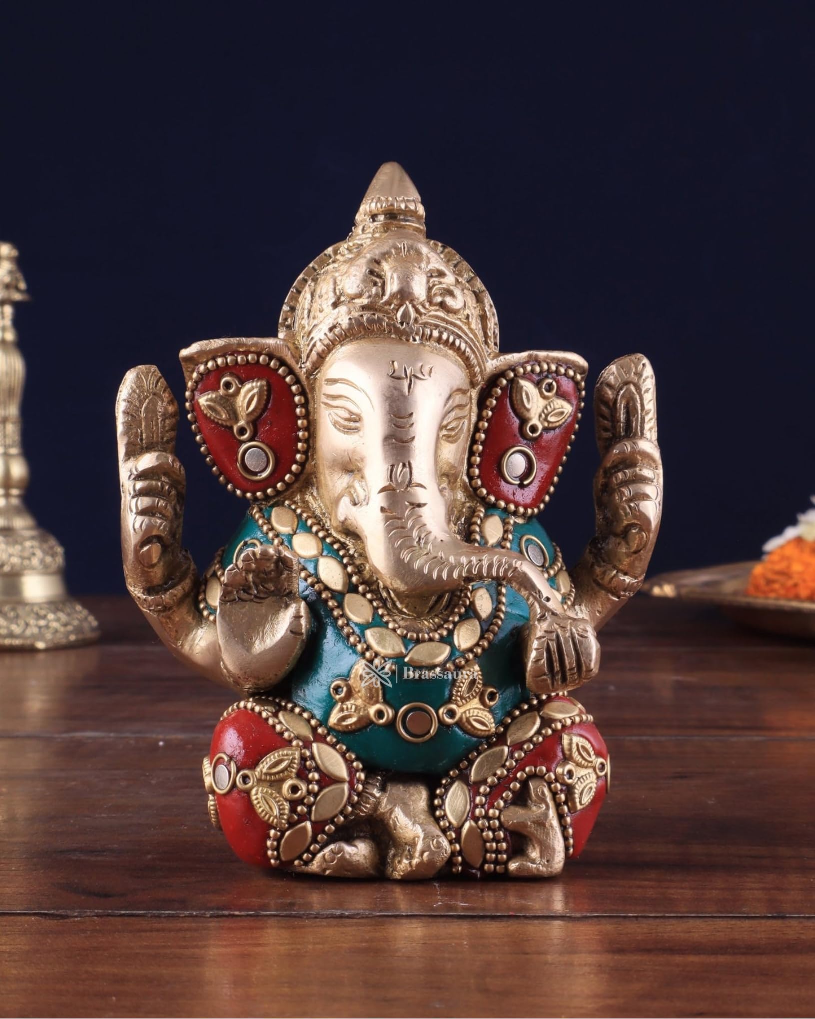 Brassaura™ Brass Gem Stone Work Ganesha Idol for Home and Decor| Brass Ganesha Statue for Good Luck Diwali, Housewarming, Wedding, Navratri Gift | Weight 0.8 Kg Height 5 inch | Multi-Coloured