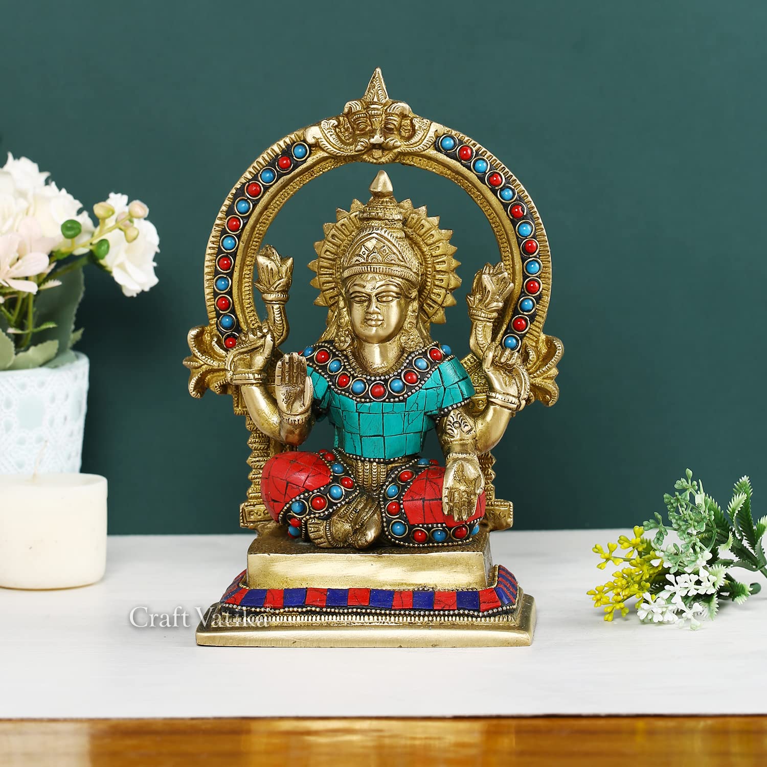 Collectible India Beautiful Laxmi Idols Brass Hindu Goddess Lakshmi Statue with Turquoise Inlay Blessing Shrine Figurine Home Decor Gifts