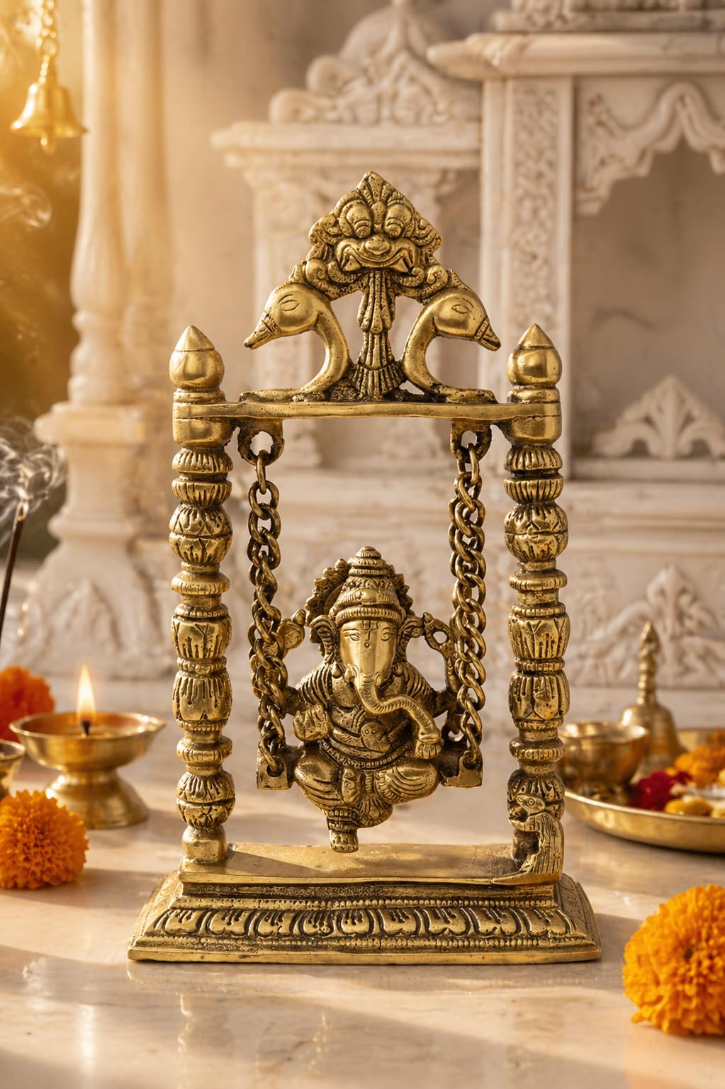 Two Moustaches 100% Pure Brass Ganesha on Swing Jhoola Showpiece, Brass Ganesha Jhula for Home Decor, Brass Temple Decor, Weight - 1.5 Kg, Standard, Antique Yellow, Pack of 1