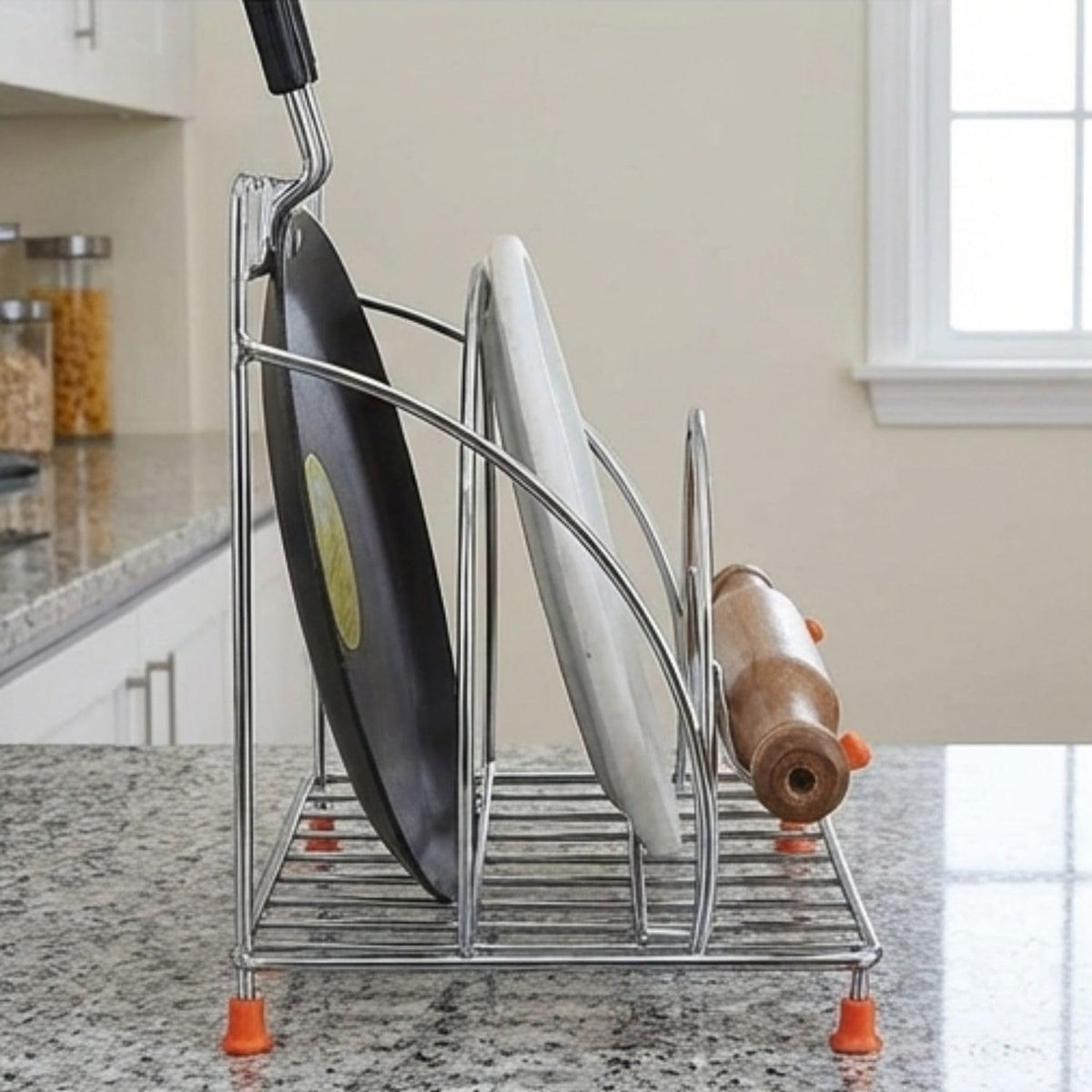 Stainless Steel 4-in-1 Chakla Belan Tawa Chimta Stand | Wall Mounted Kitchen Organizer Rack for Rolling Pin Board Tong & Tawa | Space Saving Corner Shelf