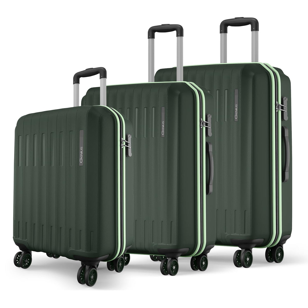 Safari Genius Alley Set of 3 (Cabin + Medium + Large) Trolley Bags Hard Case Polypropylene, 4 Wheels, 360 Degree Wheeling Luggage, Suitcase for Travel, Trolley Bags for Travel, Deep Forrest