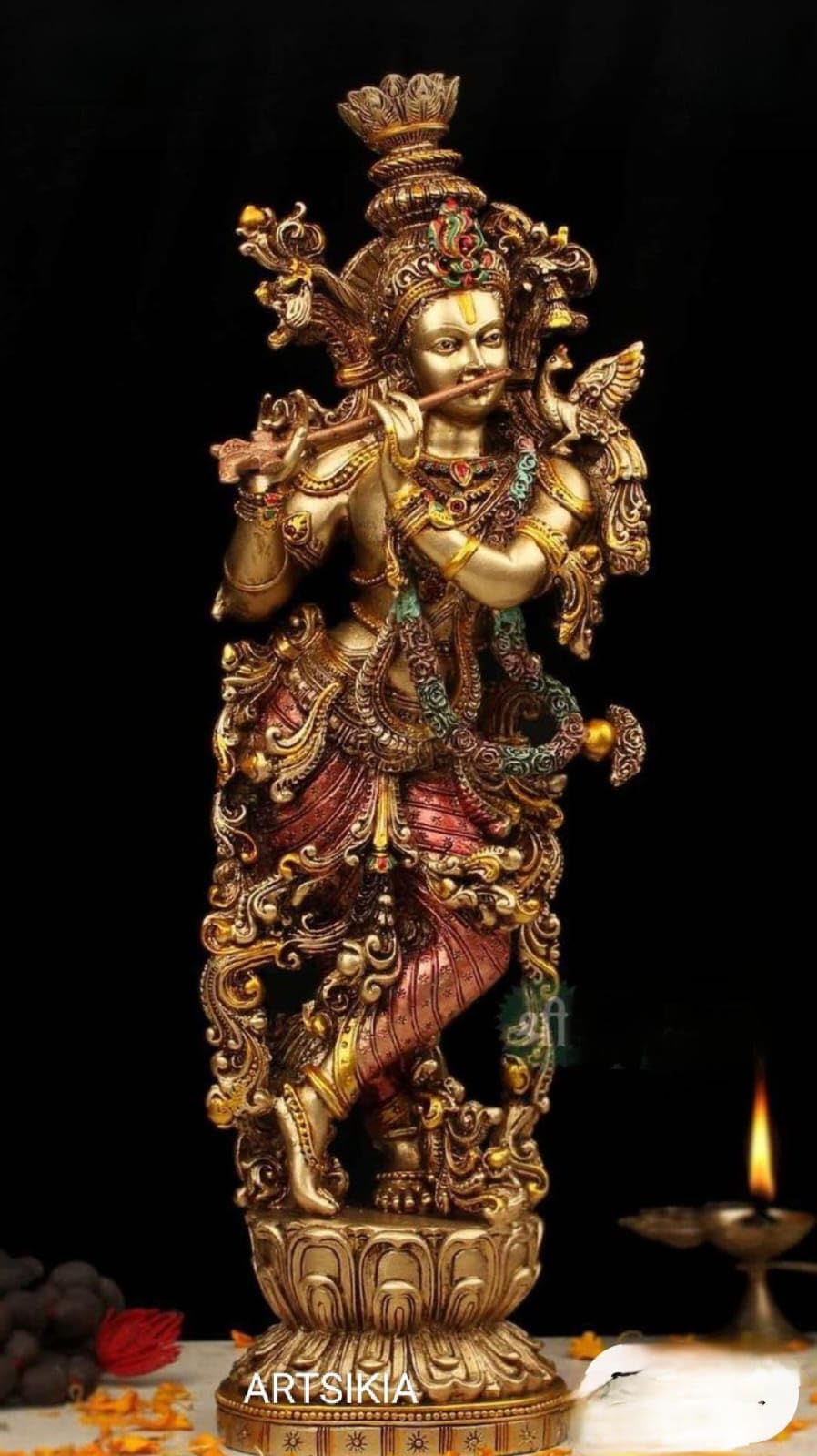 ARTSIKIA Brass Krishna Statue Big Large Size Krishna Brass Idol Krishna Bhagwan Decorative Handcrafted Statue Religious Figurines Home Temple Puja Hindu Religious Home (3.7kg)