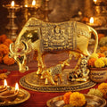Sheela Handcrafted Brass Golden Kamdhenu Cow with Calf, Vastu Gau MATA Idol, Spiritual Vastu Nandi Pooja Figurine Sculpture, Kamdhenu Cow & Calf Idol for Home and Office