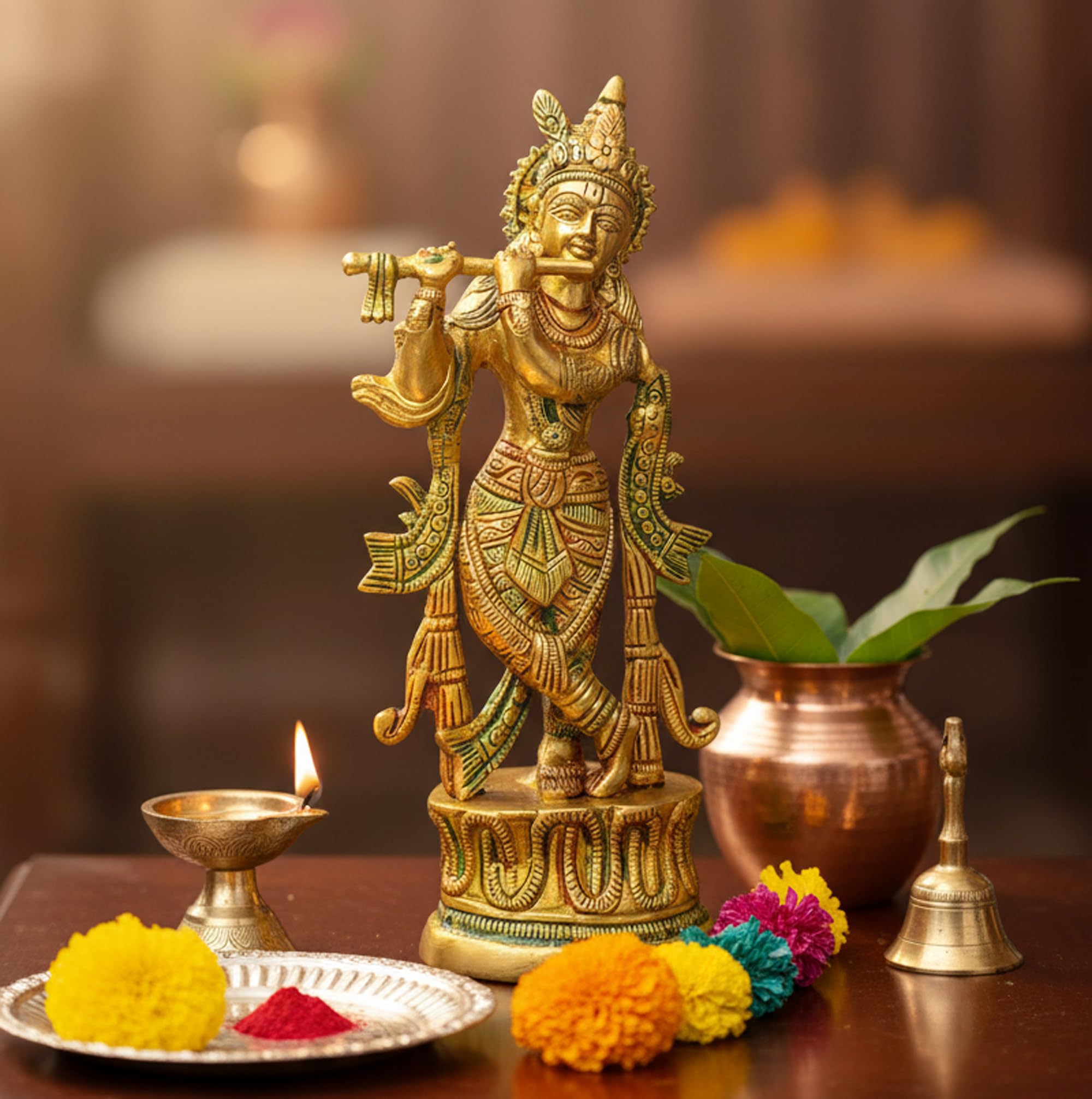 StonKraft - Brass Krishna Murti Idol Statue Sculpture, 10.5 cm