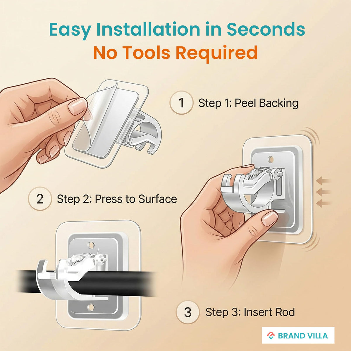 BRAND VILLA Self-Adhesive No Drill Curtain Rod Brackets Curtain Rod Holder Hooks Nail Free Adjustable Curtain Rod Wall Hooks Hangers for Bathroom Kitchen and Hotel (Pack of 4)